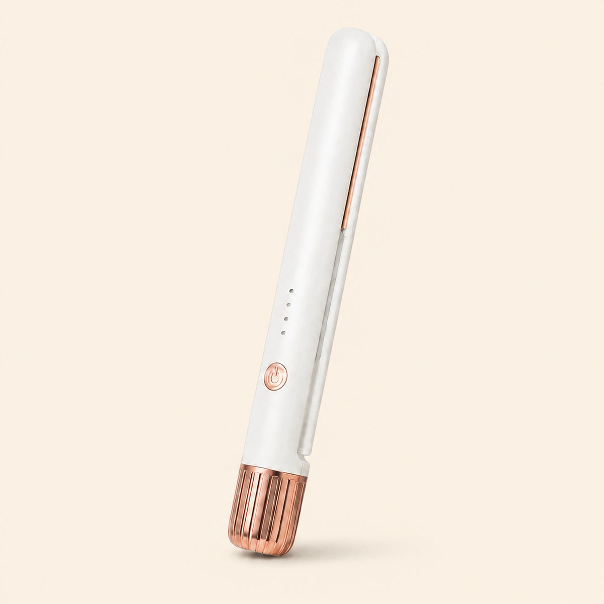A sleek white and rose gold hair straightener wand shown diagonally on a solid light beige background.