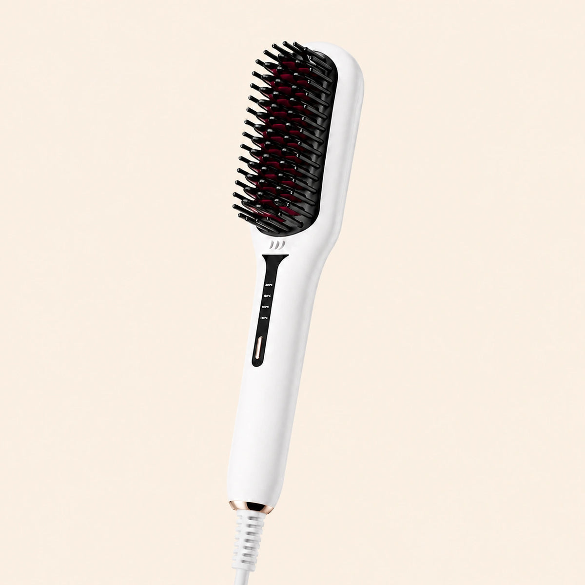 A white and black heated hair straightening brush with a cord, shown against a solid light beige background.