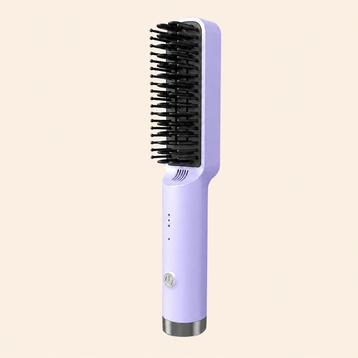 A lavender purple heated hair straightener brush with black bristles, shown vertically against a solid pale beige background.