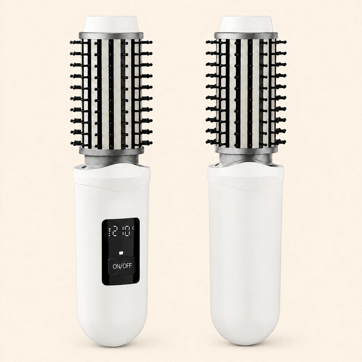 Two white hair styling tools with black bristle attachments on a light pink background