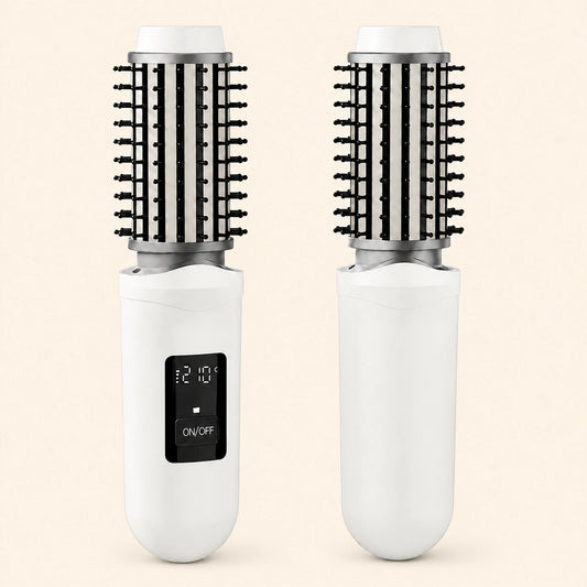 Two white hair styling tools with black bristle attachments on a light pink background