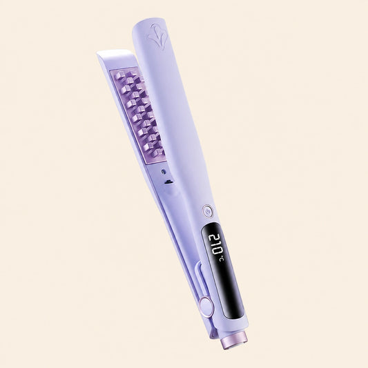 A lavender purple flat iron hair straightener with a digital temperature display showing 210 degrees Celsius, set against a solid pale beige background.