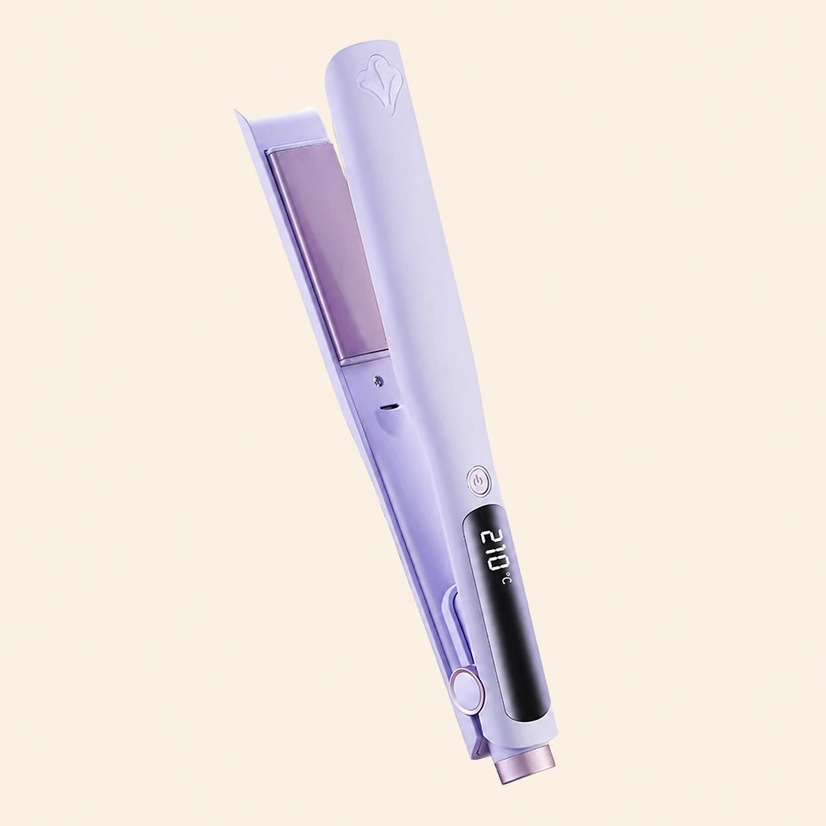 A light purple flat iron hair straightener with a digital temperature display showing 210 degrees Celsius, set against a solid pale beige background.