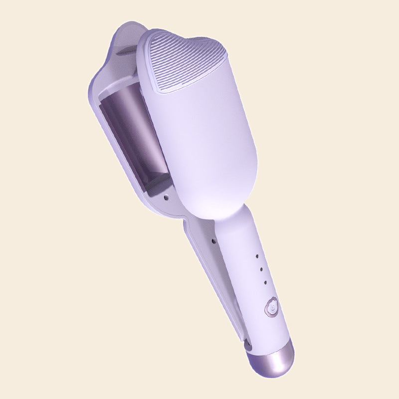 A light purple handheld curling iron or hair straightener shown alone on a plain warm beige background.