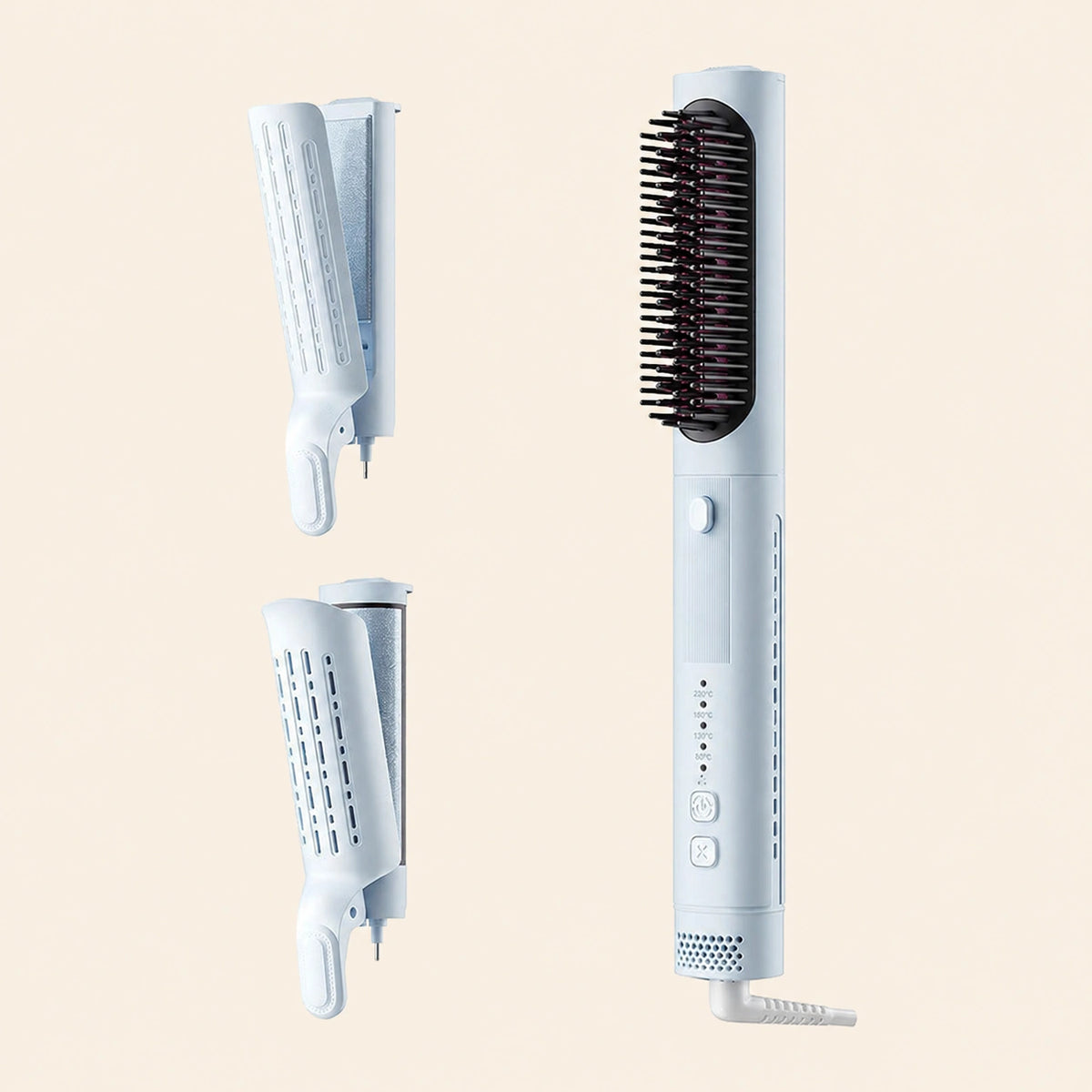 A white cordless hair straightener shown with two interchangeable brush attachment heads on a light beige background.