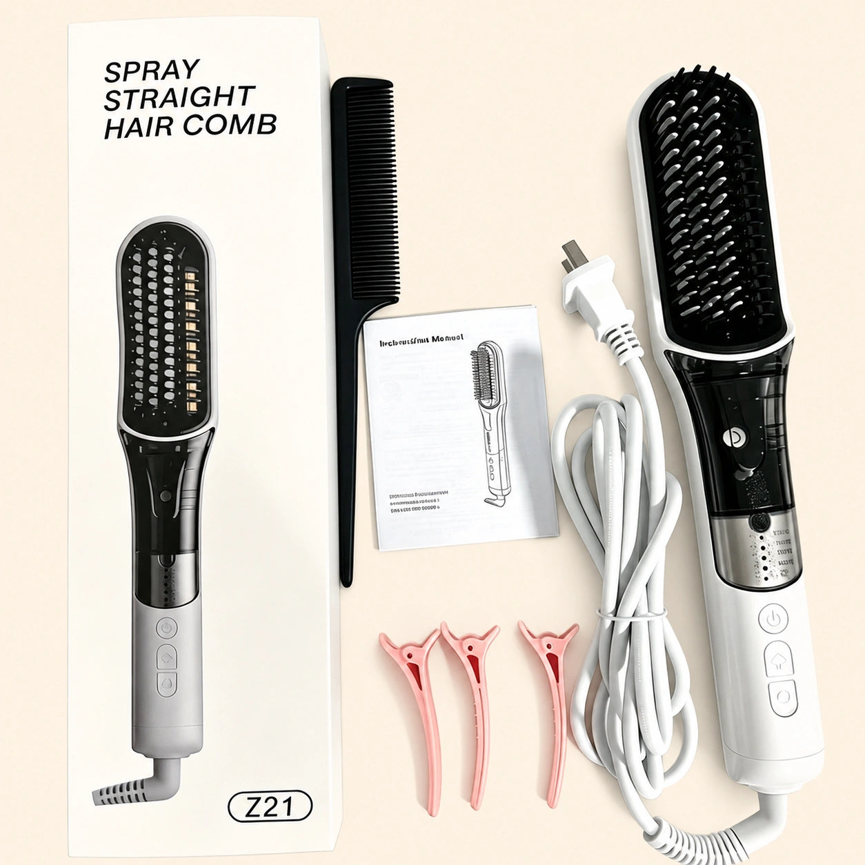 A spray straight hair comb set laid out on a light beige background, including the black-and-silver comb, a black comb, a white power cord, three pink hair clips, and an instruction card. Text in the upper left reads 'SPRAY STRAIGHT HAIR COMB' and a model label 'Z21' appears near the bottom.
