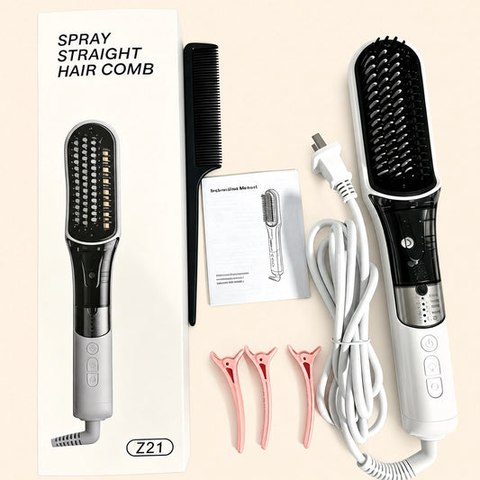 A spray straight hair comb set laid out on a light beige background, including the black-and-silver comb, a black comb, a white power cord, three pink hair clips, and an instruction card. Text in the upper left reads 'SPRAY STRAIGHT HAIR COMB' and a model label 'Z21' appears near the bottom.