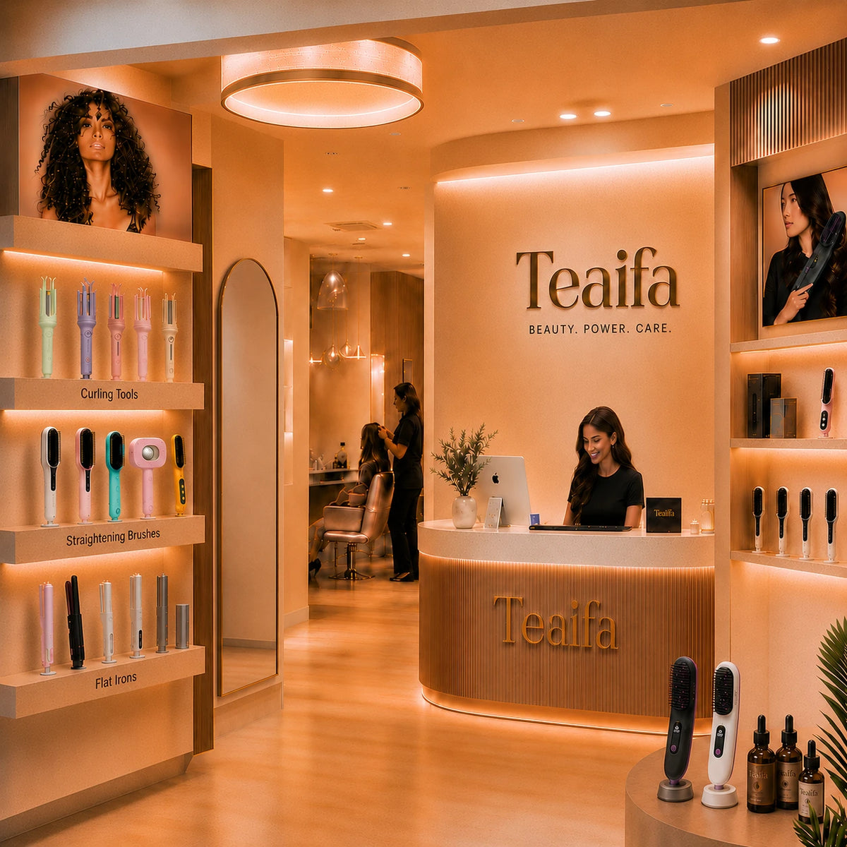 Warmly lit Teaifa showroom displaying hair styling tools and scalp care products around a reception desk.