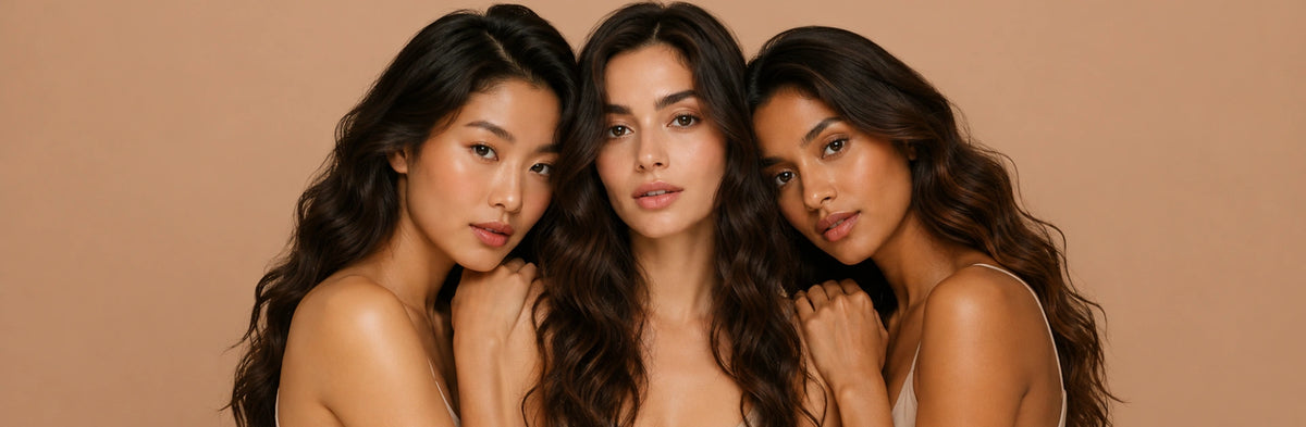 Three women with long straight, wavy, and curled dark hair pose together against a warm brown background.
