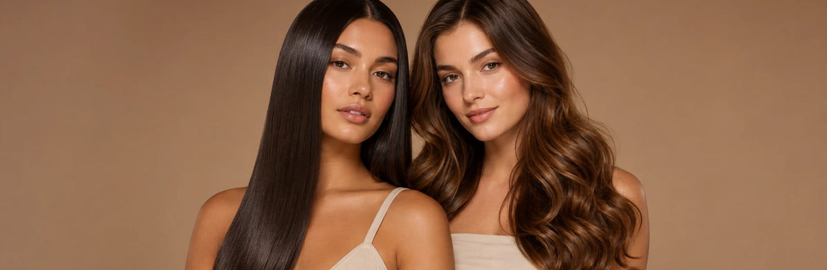 Two women with long straight dark hair and glossy wavy brown hair pose together against a warm brown background.