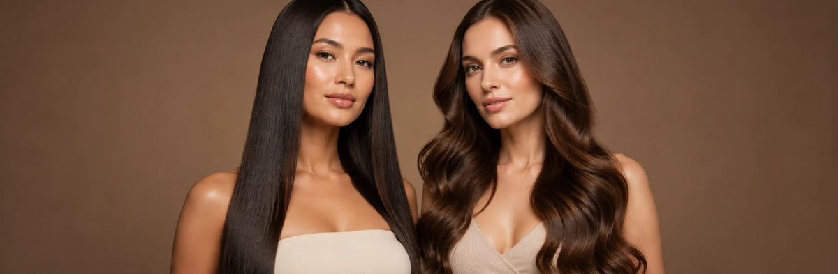 Two women with sleek straight dark hair and long wavy brown hair pose together against a warm brown background.