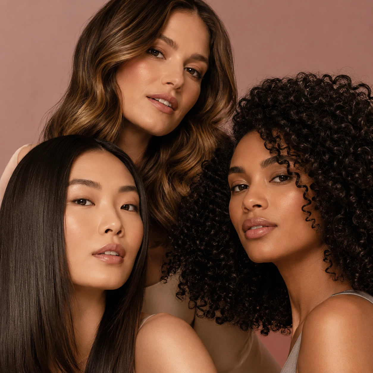 Three women with straight, wavy, and curly dark hair pose together against a warm brown background.