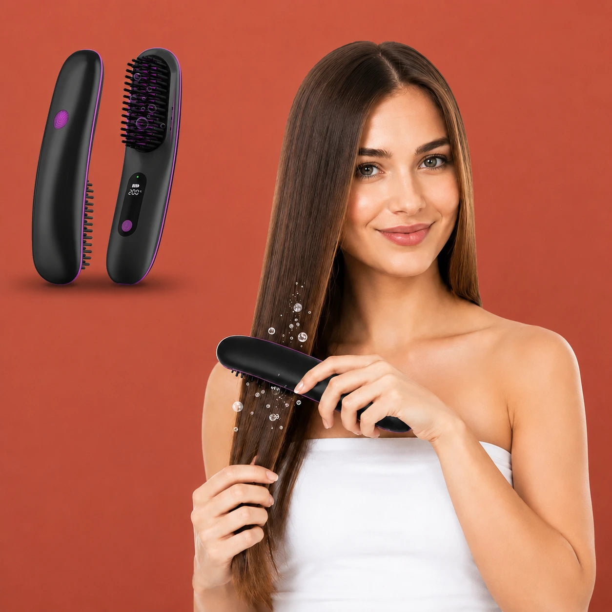 Teaifa 530 black cordless plasma straightening brush shown beside a woman brushing her long straight brown hair.