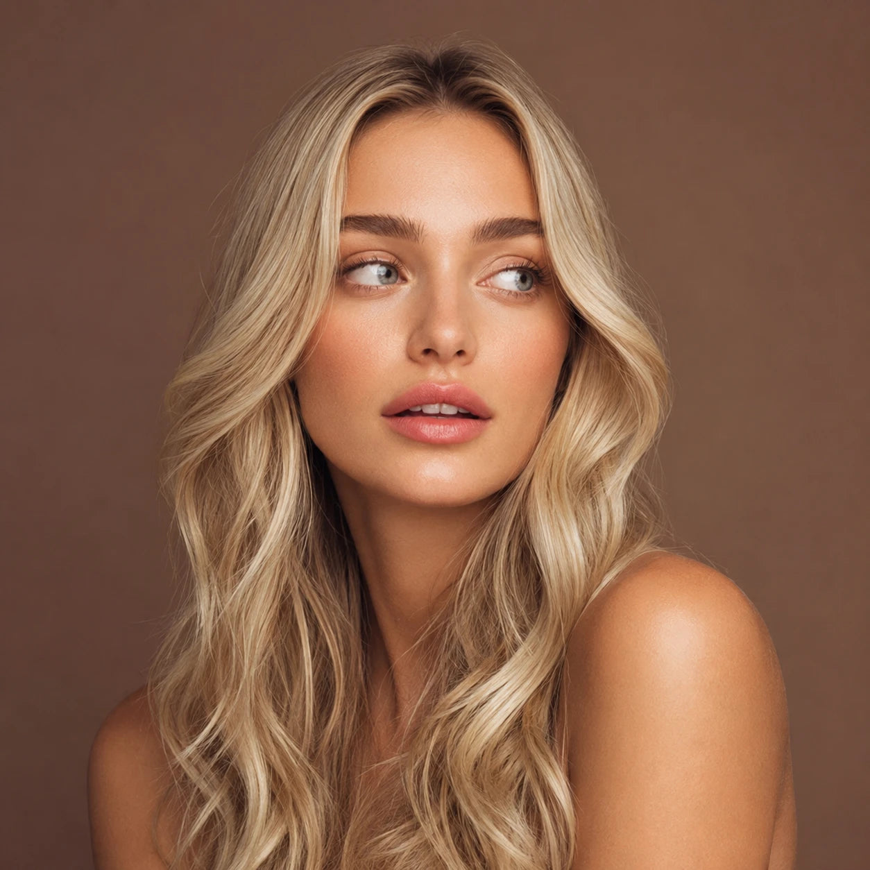 Close-up portrait of a blonde woman with long, softly waved hair against a warm brown background.